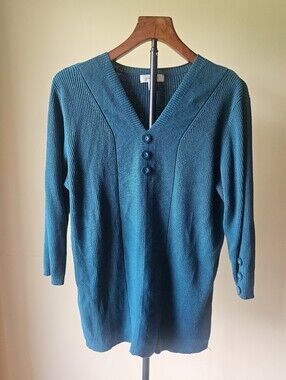 Dressbarn Teal Ribbed V-Neck Sweater with Button Placket Size 2X